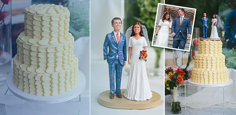 A peça central do bolo de casamento é um arranjo floral artificial colocado na mesa onde fica o bolo