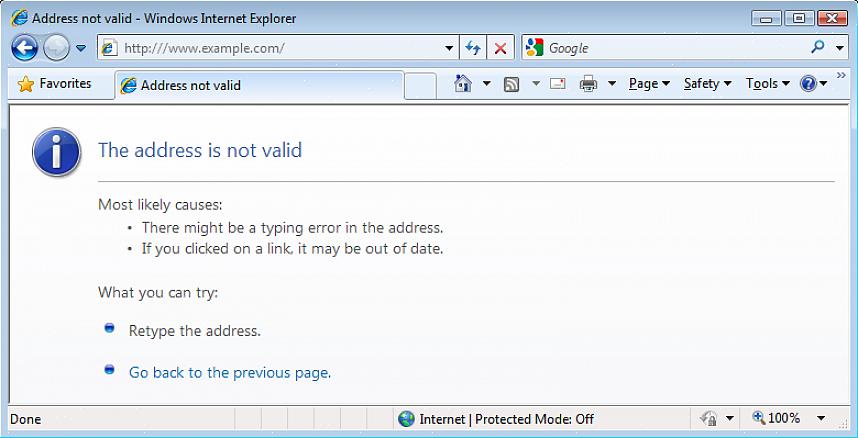 Uma página de erro em branco com o título 'O Internet Explorer não pode exibir a página da web' é exibida