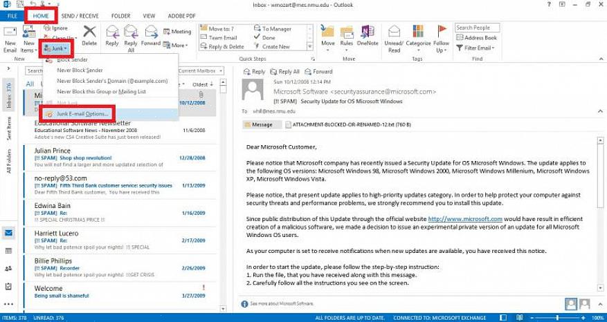 Você terá que ajustar a configuração de spam do Outlook